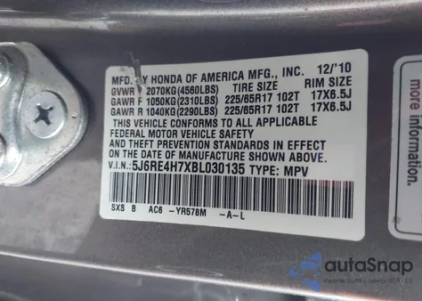 2011 Honda Cr-V Ex-L z USA, uszkodzony, nr VIN 5J6RE4H7XBL030135